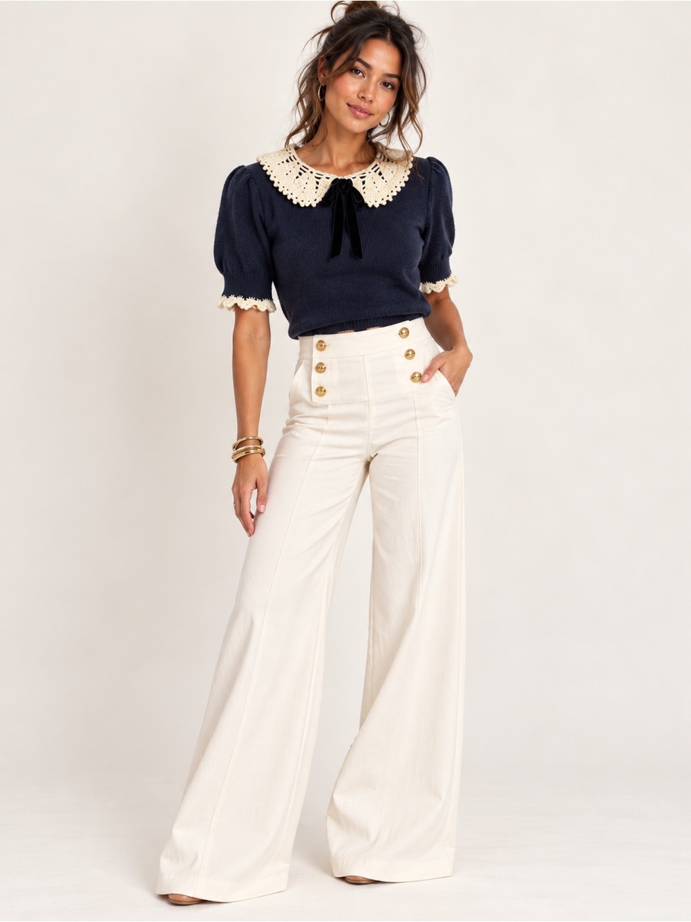 Zara Navy Knit Puff-Sleeve Top with Cream Lace Collar